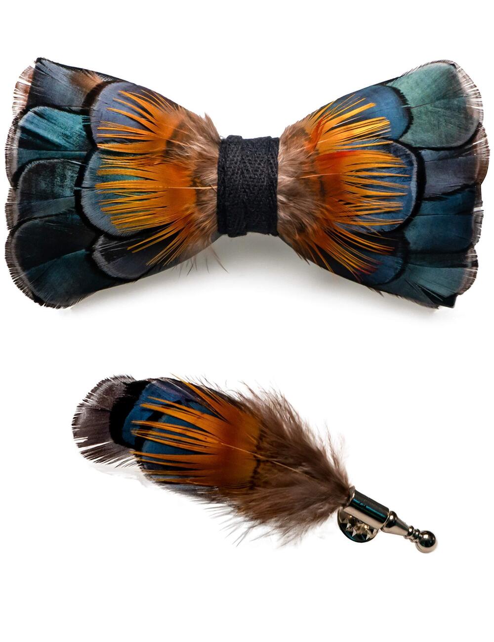 1861 Blue Feather Pre-tied Bow tie Leather Bowtie and Brooch Sets 7
